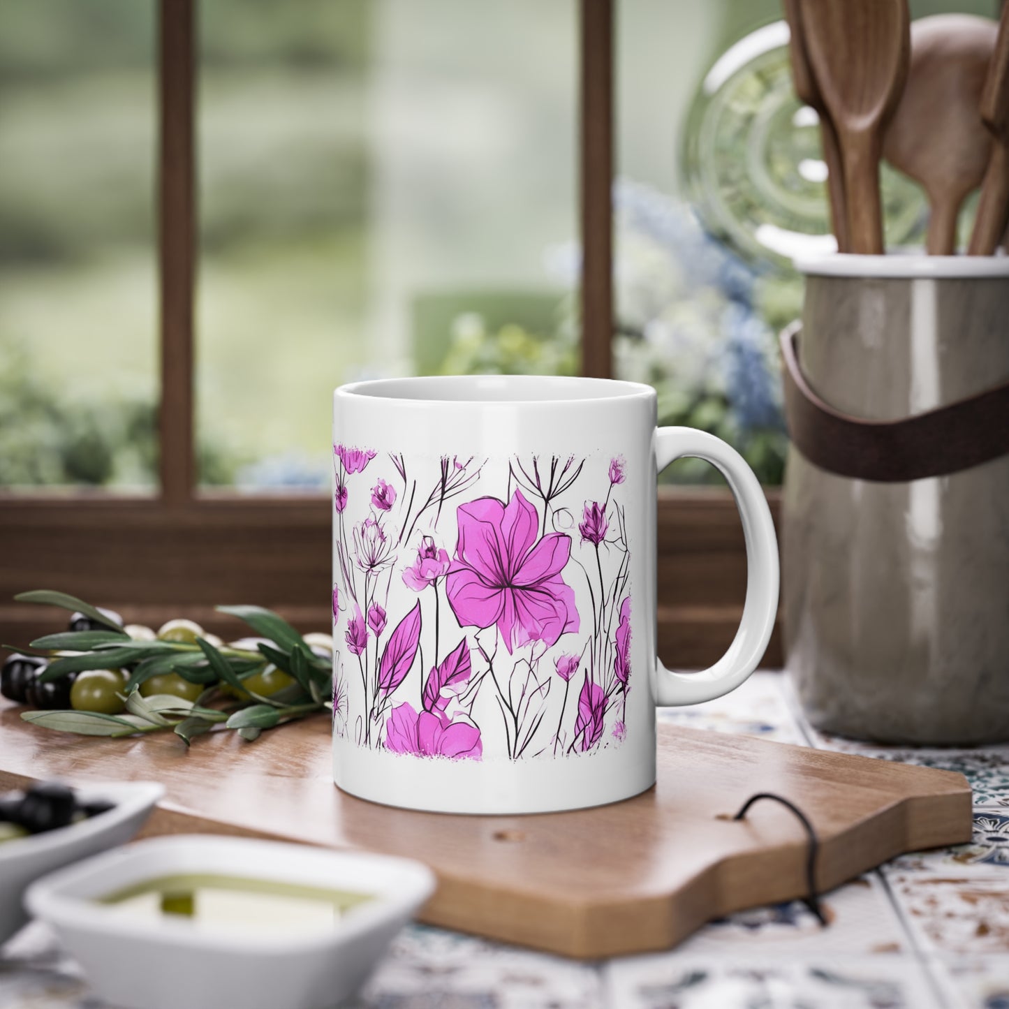 Weisse Tasse pinke Blumen