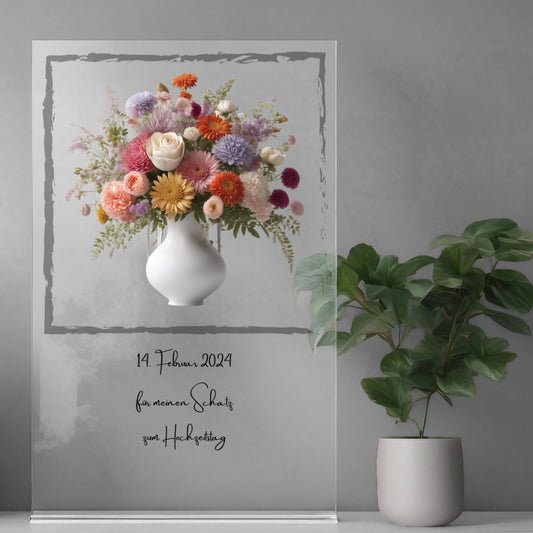 Blumenstrauß in Vase mit Rahmen auf Acryl personalisierbar