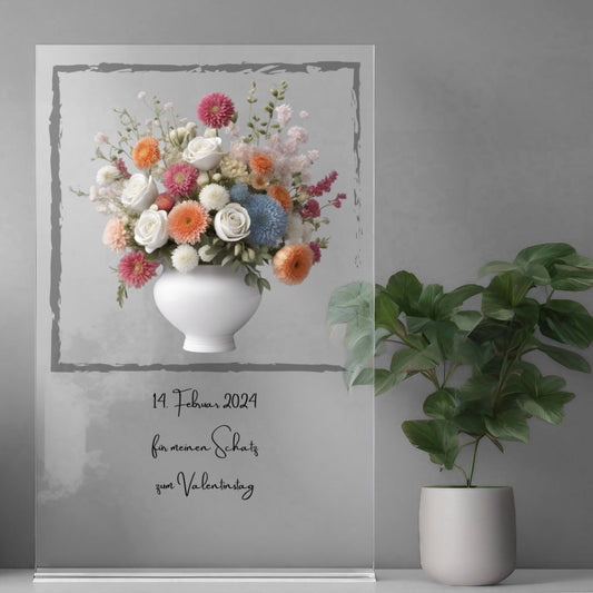 Blumenstrauß bunt in Vase mit Rahmen auf Acryl personalisierbar