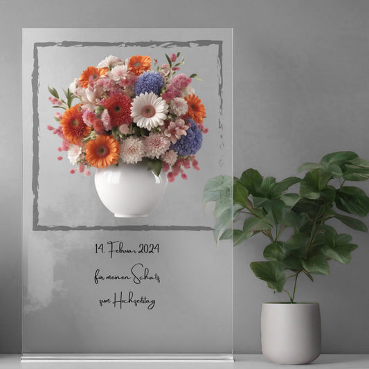 Blumenstrauß farbig mit Vase mit Rahmen auf Acryl personalisierbar