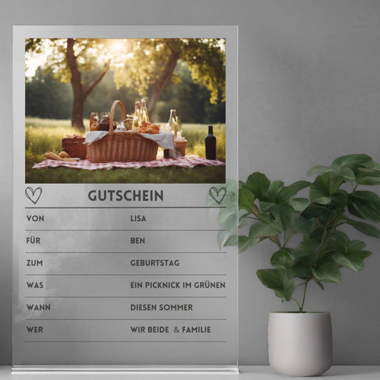 Quartettkarte Acrylglas Gutschein Picknick personalisierbar mit Foto & Text