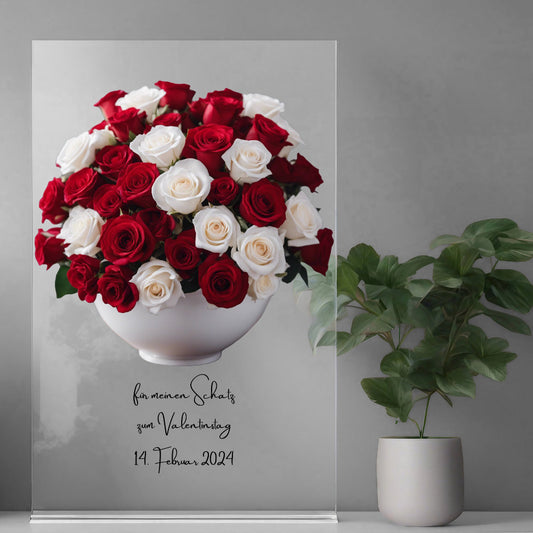 Blumenstrauß rote & weiße Rosen auf Acryl personalisierbar