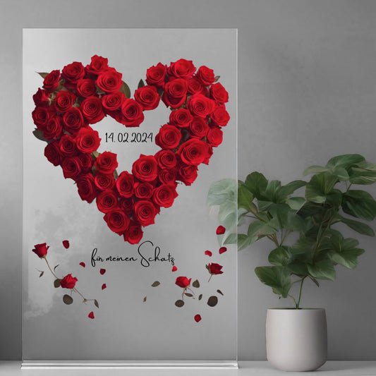 Blumenherz rote Rosen auf Acryl personalisierbar