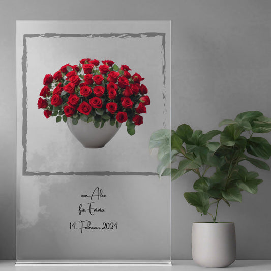 Blumenstrauß rote Rosen mit Rahmen auf Acryl personalisierbar