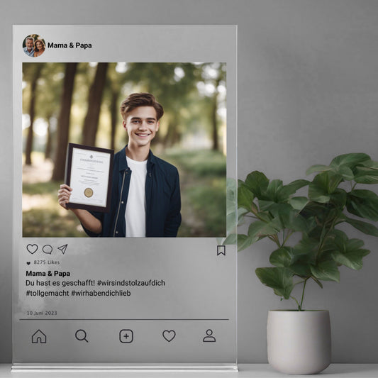 Social Media Post Acrylglas zur bestandenen Prüfung personalisierbar mit Foto & Text